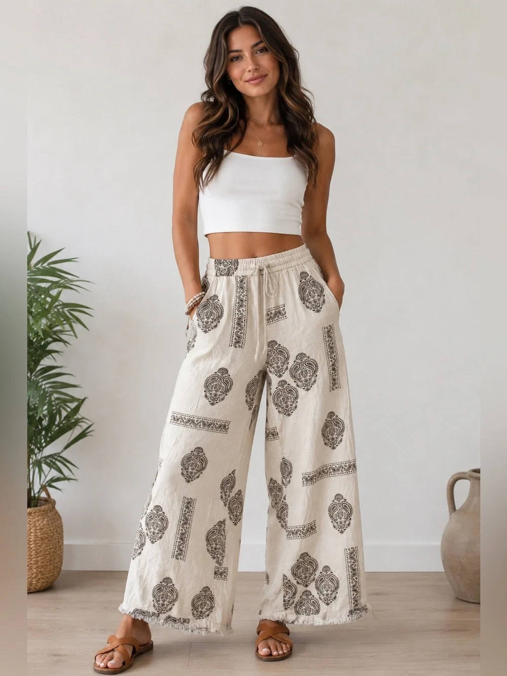 H&M Cream Paisley Linen Blend Wide-Leg Pants Drawstring Frayed Hem Size XS